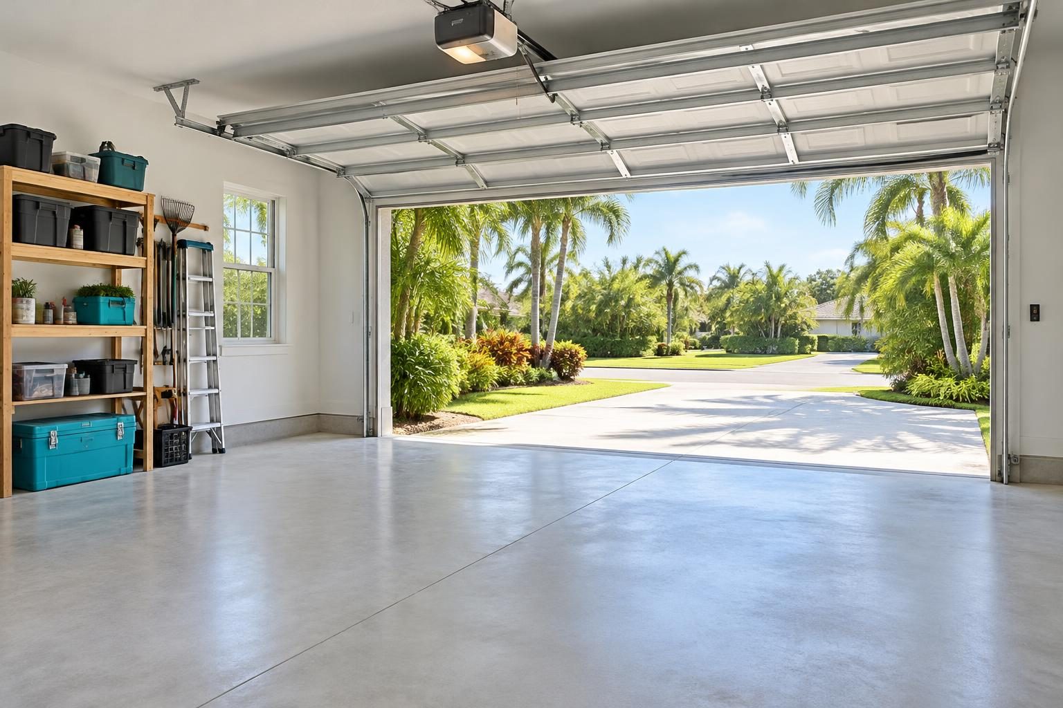 Illustrative sunny Florida garage with an open, organized floor